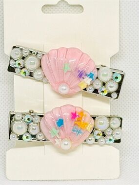 Kids Pink Shell Pearl Hair Clips - Cute Decorative Barrette Set